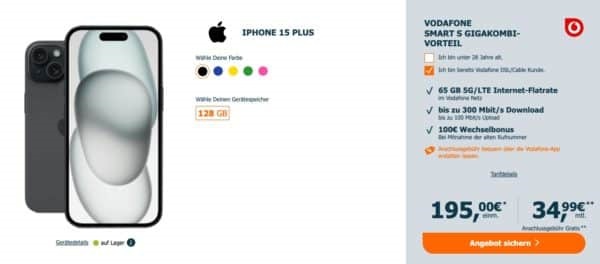 Apple iPhone 15 Plus (128GB) für 195€ + 65GB 5G/LTE Allnet-Flat im Vodafone Netz für 34,99€ mtl.